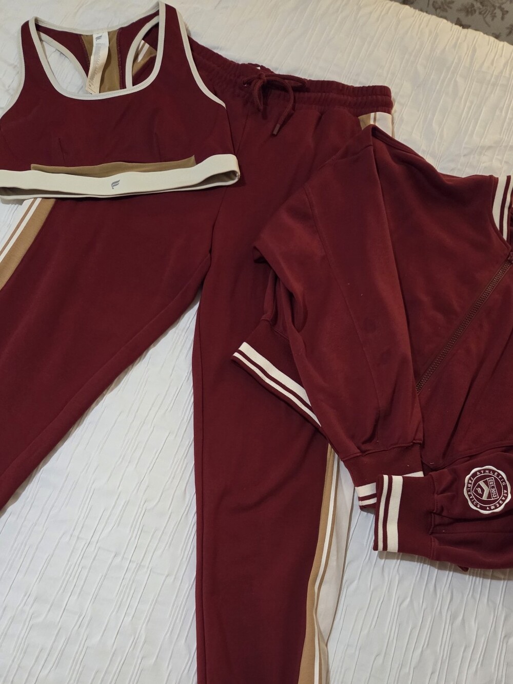 Fabletics Burgundy and Tan 3-Piece Active Set (Top, Joggers, Jacket)